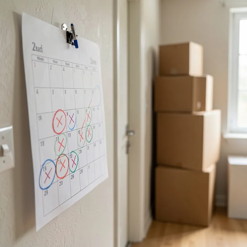 Calendrier mural annoté pour préparer son déménagement, cartons empilés au second plan