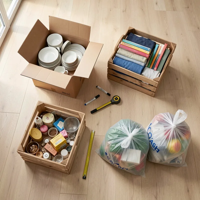 Tri d&rsquo;objets en quatre lots avant un déménagement, cartons de dons et sacs de recyclage