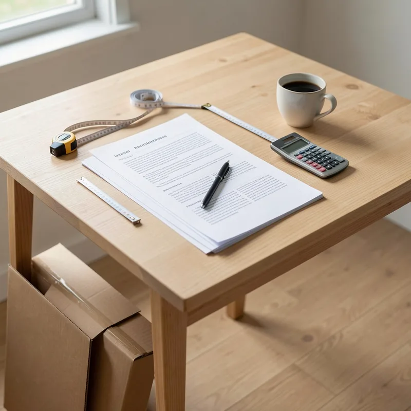 Devis de déménagement posé sur une table avec mètre ruban et cartons pliés