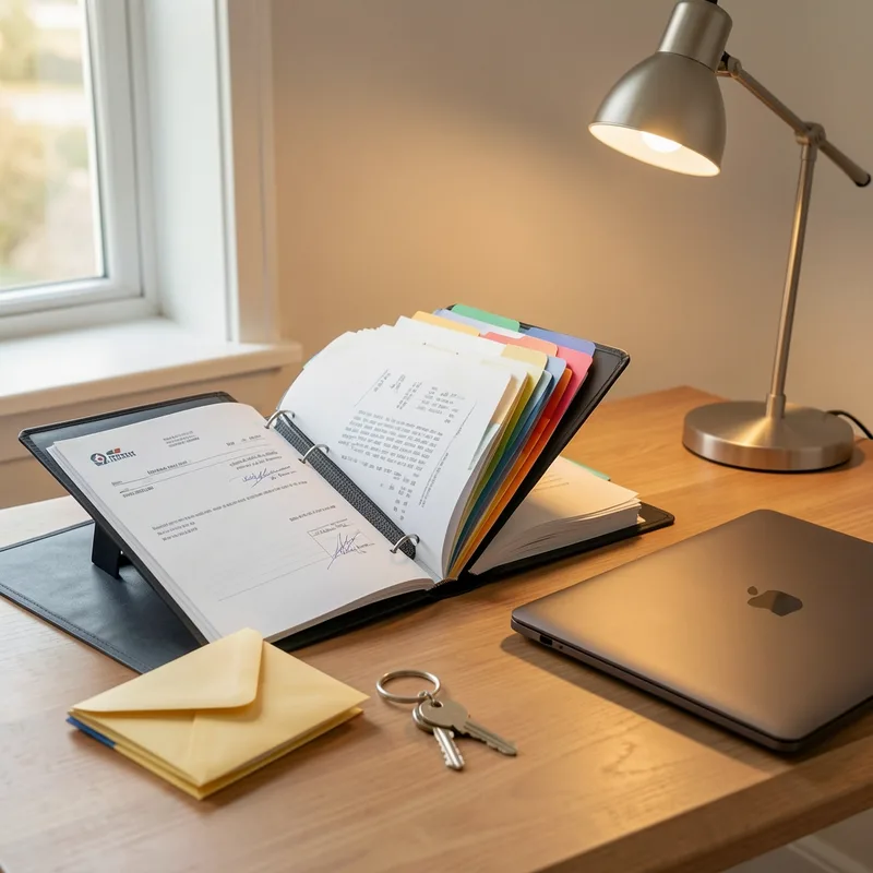 Documents administratifs de déménagement classés dans une pochette sur un bureau