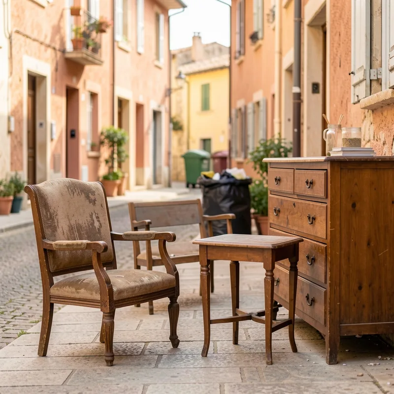 Vieux meubles déposés sur un trottoir avant enlèvement à Nîmes