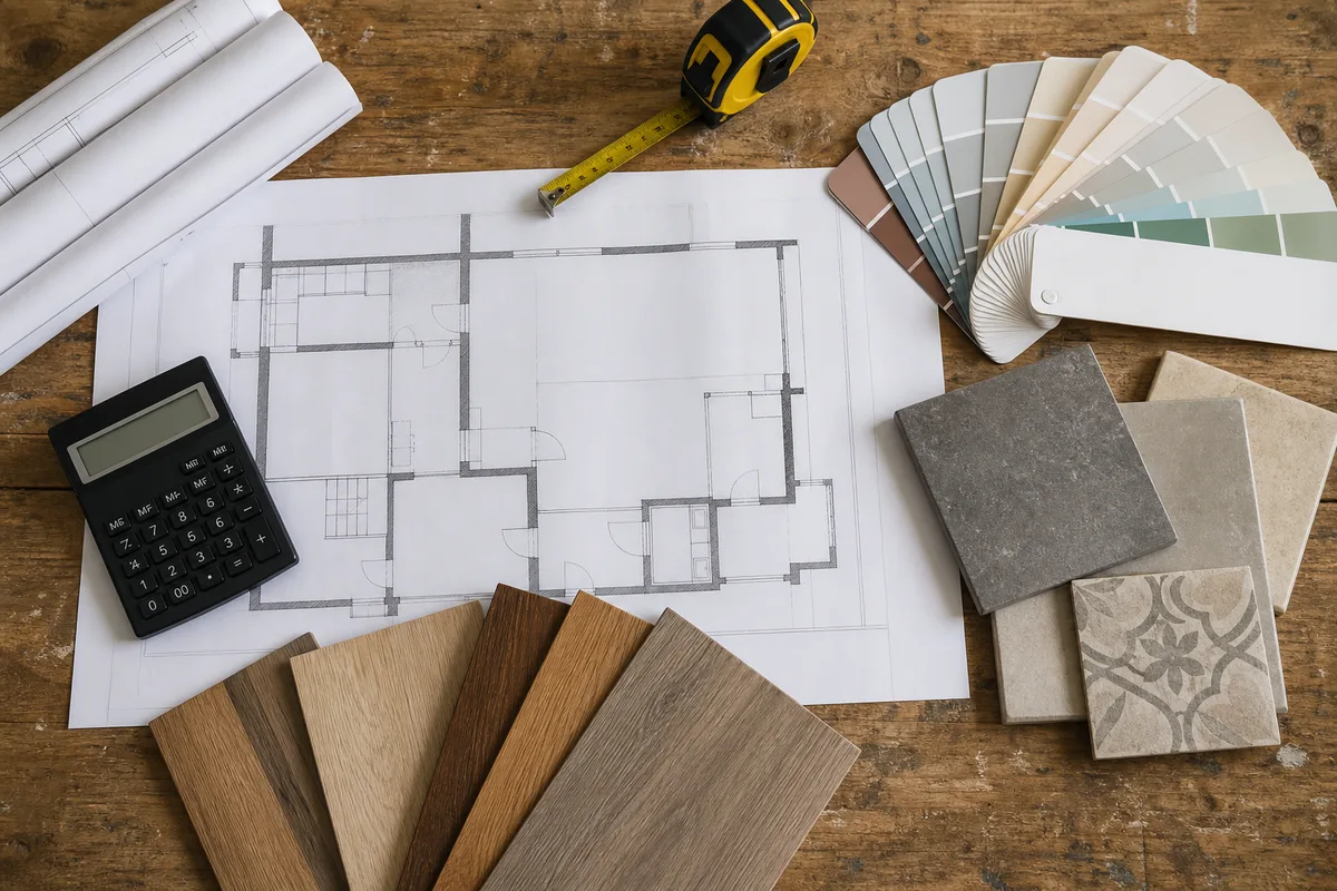 Plan de rénovation, calculatrice et échantillons de matériaux sur une table de chantier