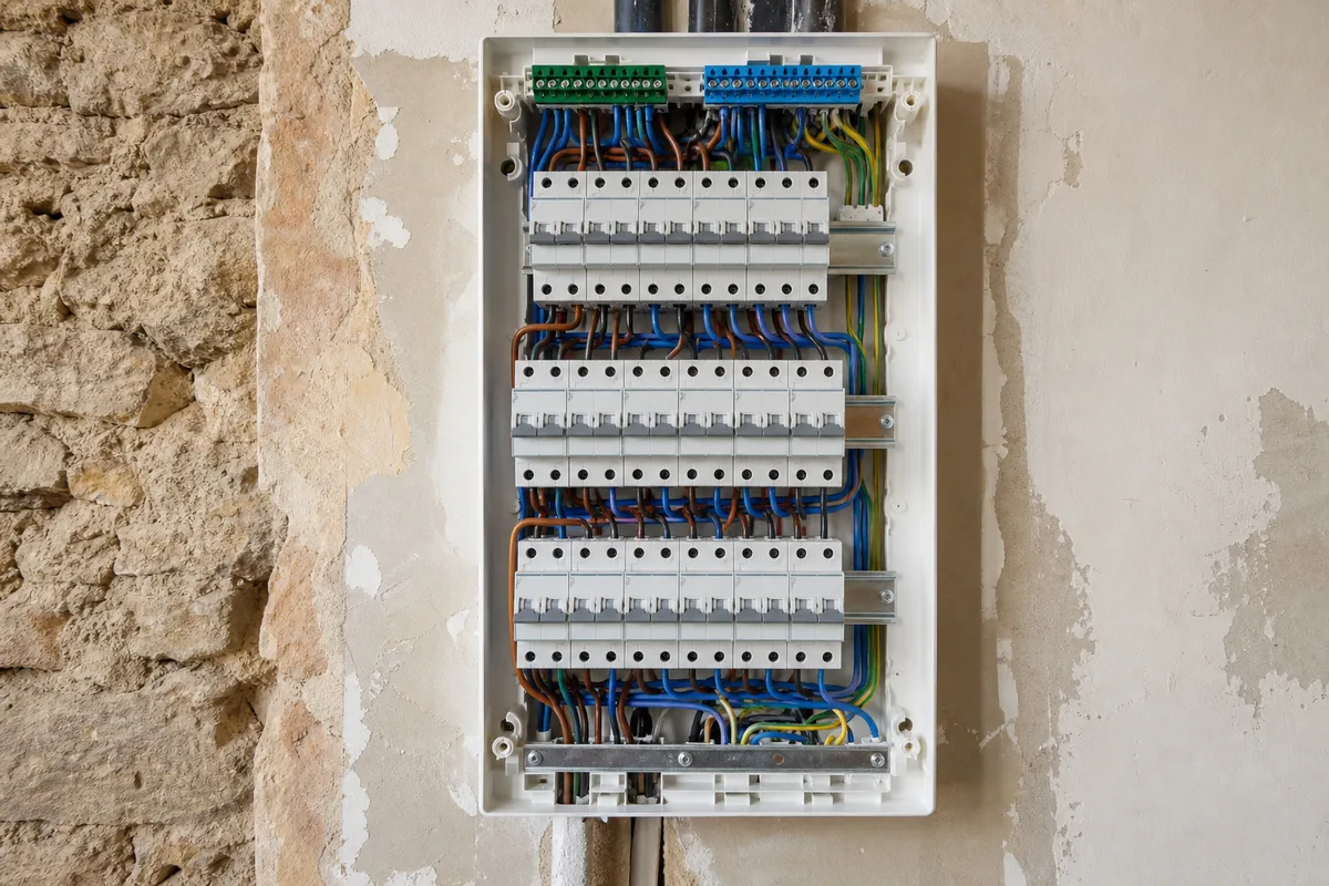 Tableau électrique neuf et câblage propre lors d’une mise aux normes dans une maison ancienne