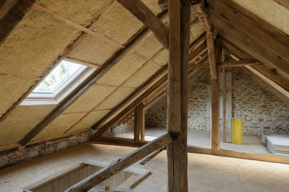 Charpente en bois et isolation apparente dans les combles d’une maison ancienne en réfection