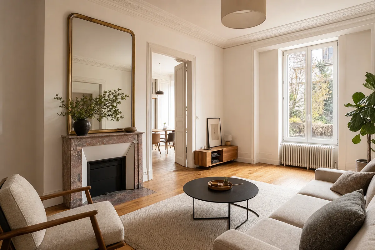 Salon lumineux d’une maison ancienne rénovée avec fenêtres performantes et radiateur récent