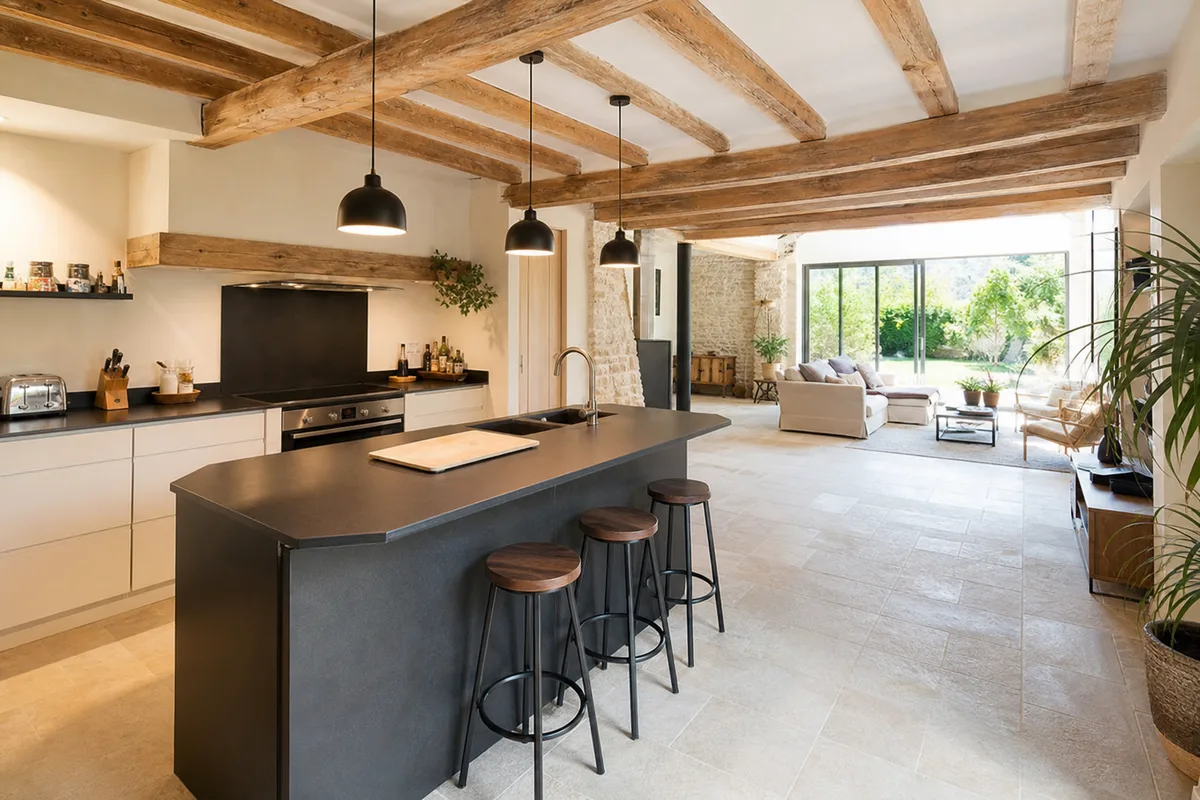 Cuisine et pièce de vie entièrement rénovées dans une maison ancienne restaurée