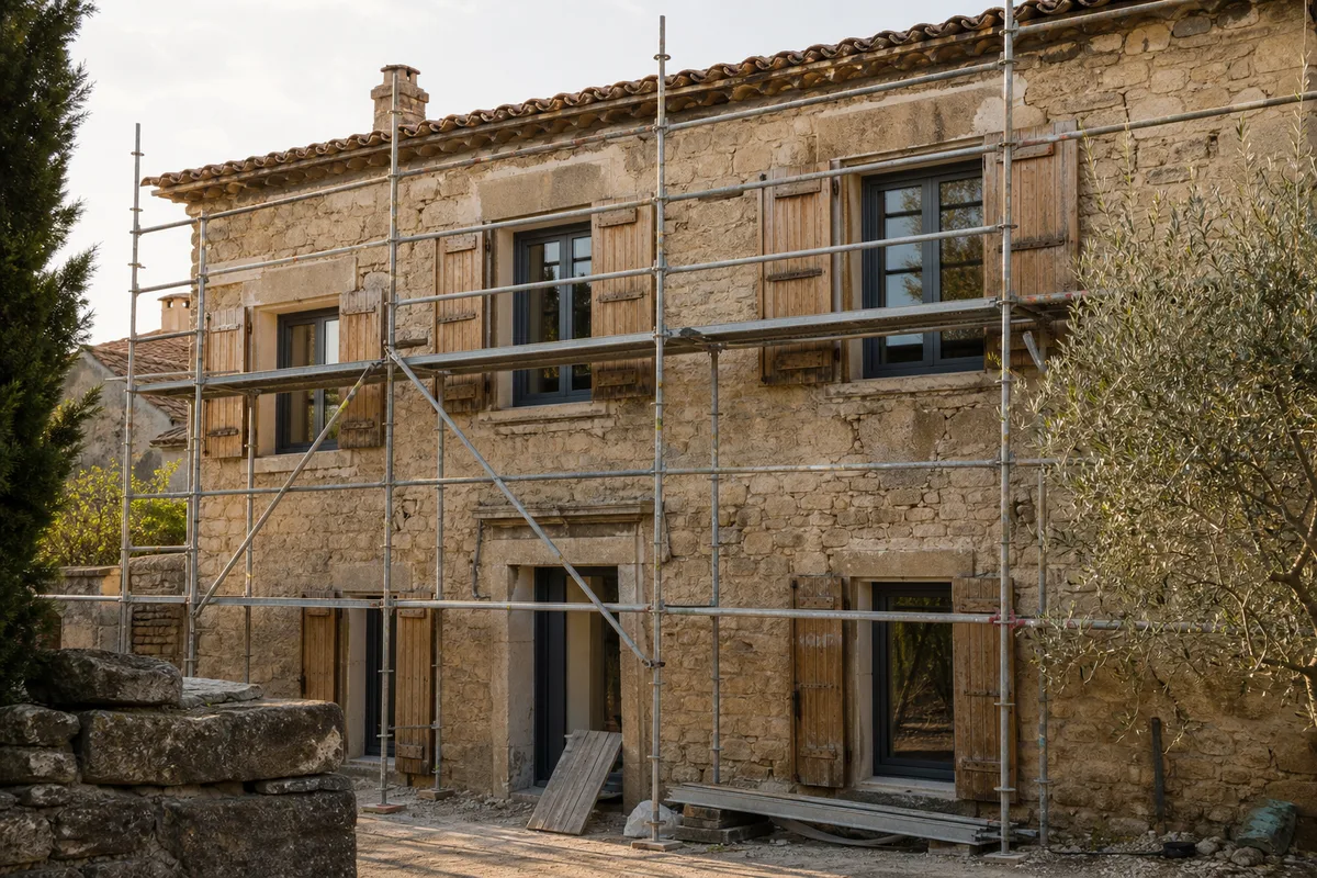 Maison ancienne en pierre en cours de rénovation avec échafaudage et fenêtres neuves