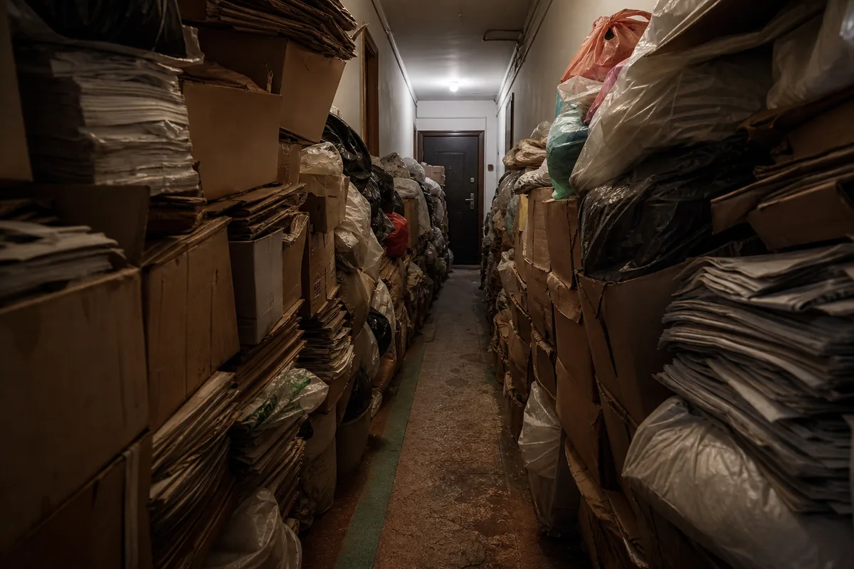 Couloir d’appartement rempli de cartons, journaux et sacs empilés sur toute la hauteur