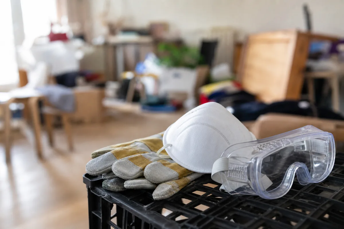 Gants épais et masque de protection posés au premier plan d’une pièce encombrée à trier