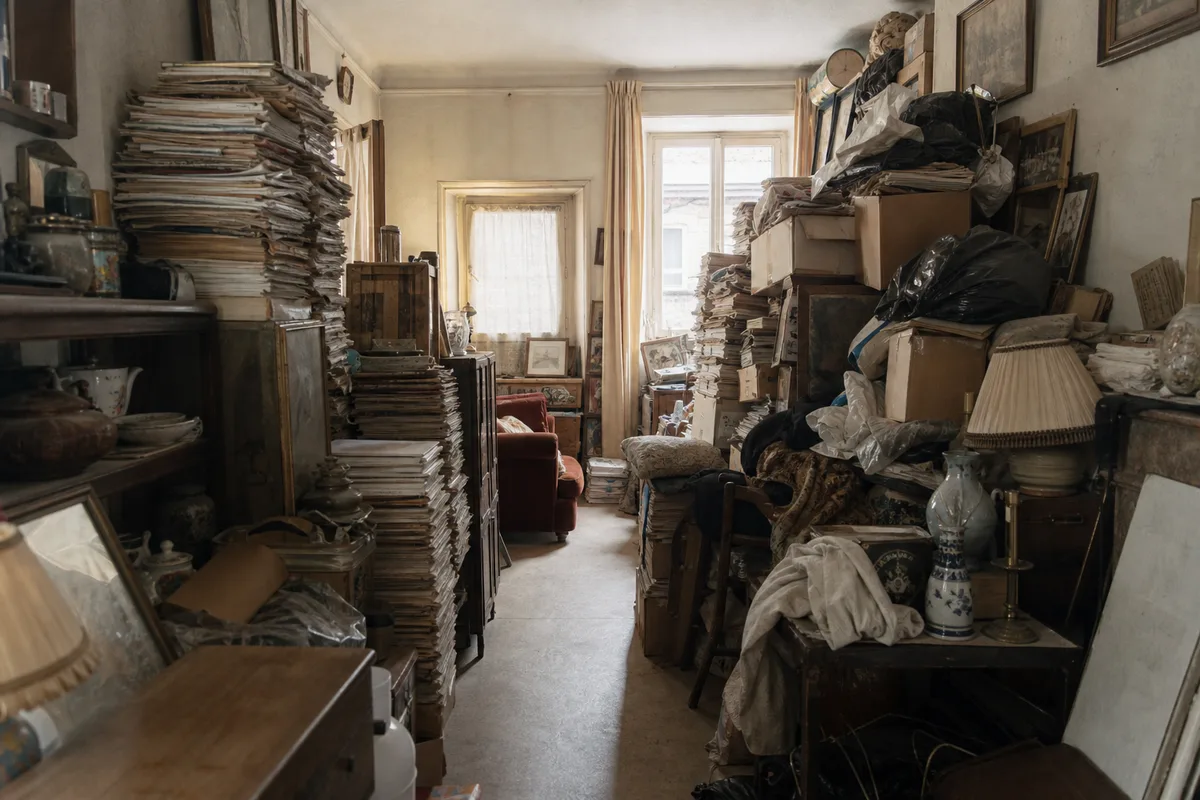 Salon encombré d'objets accumulés dans un logement touché par un syndrome de Diogène