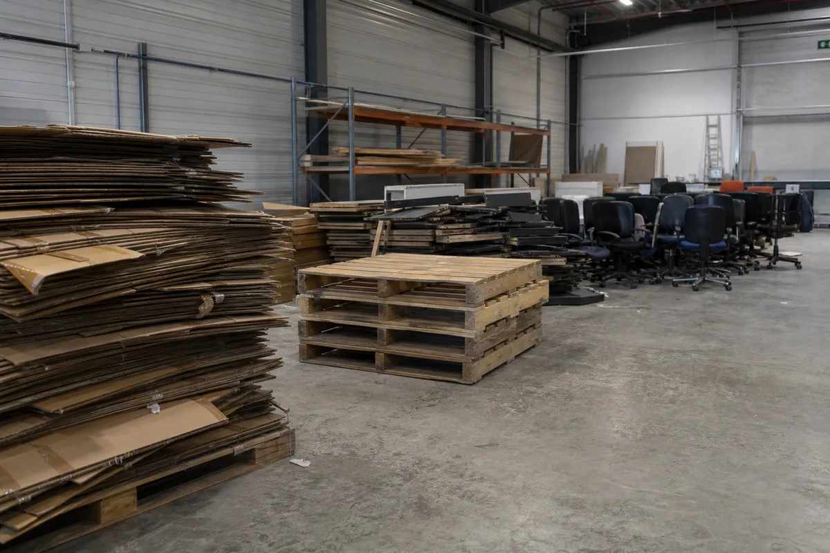 Cartons, palettes et mobilier de bureau triés par matière dans un entrepôt vidé