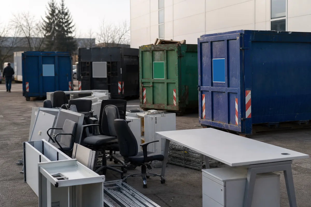Bennes de tri distinctes signalées sur un chantier de débarras de bureaux