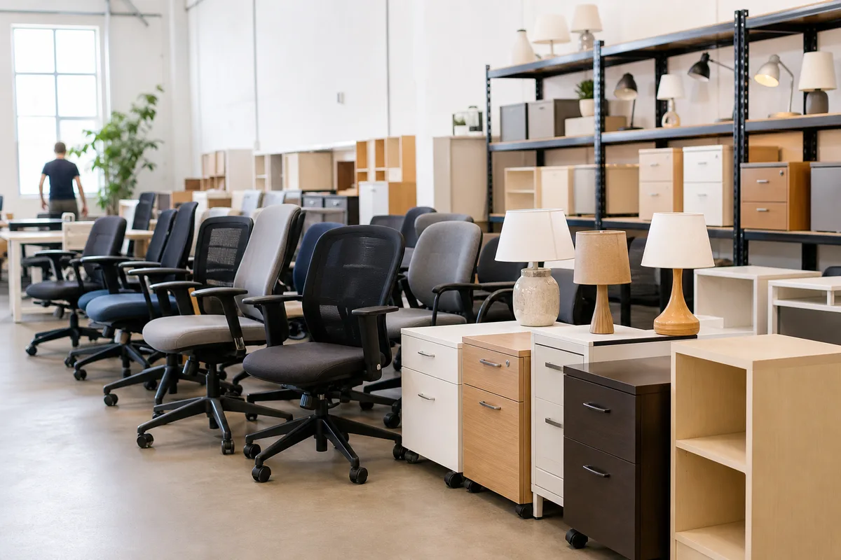 Objets et mobilier de bureau en bon état préparés pour le réemploi