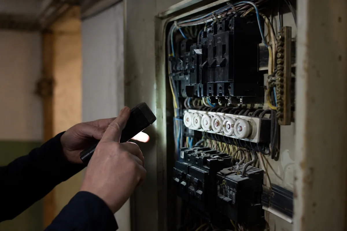 Technicien examinant le tableau électrique ancien d&rsquo;une maison avant un diagnostic immobilier