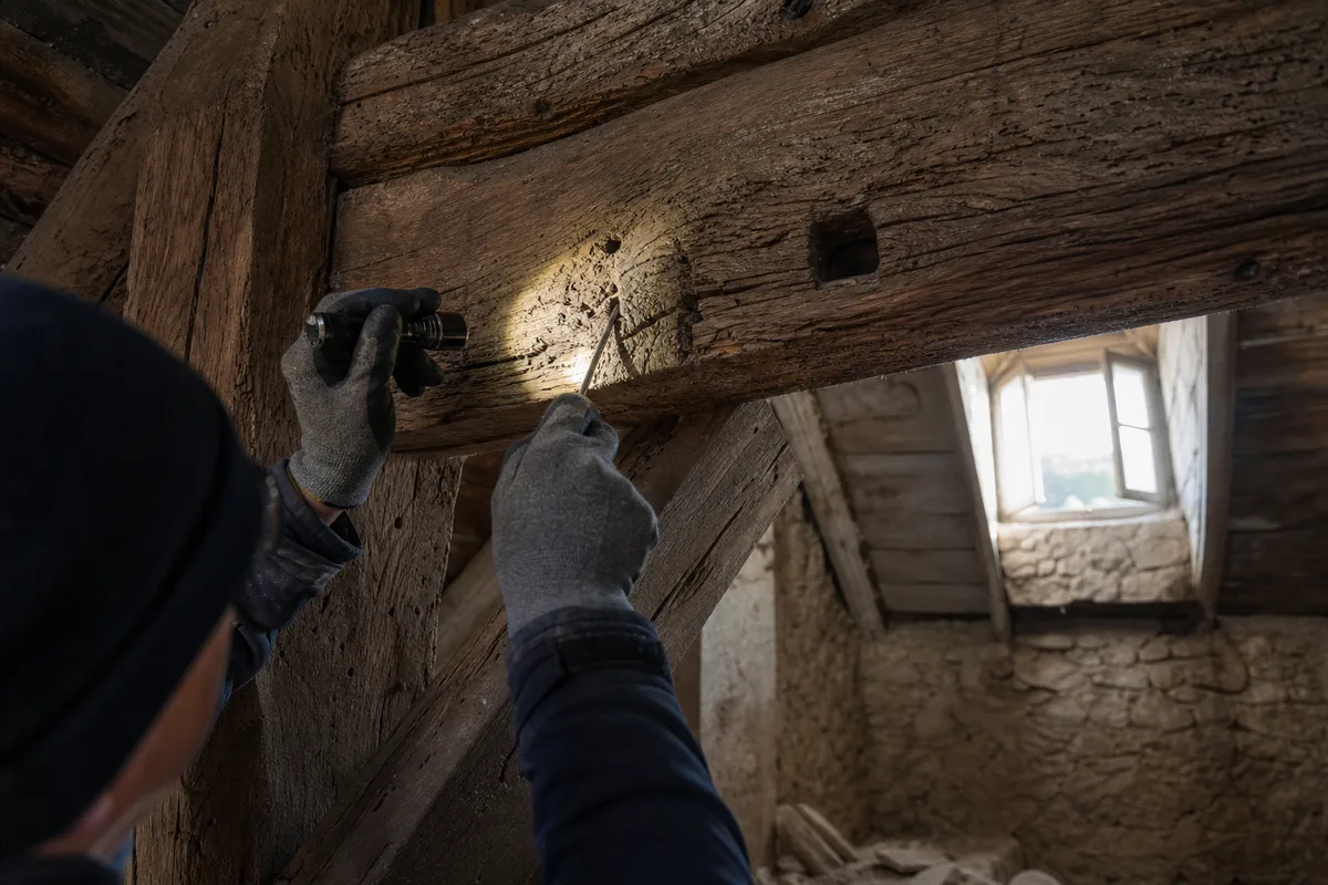 Inspection d&rsquo;une charpente en bois à la recherche de termites dans une maison ancienne du Gard