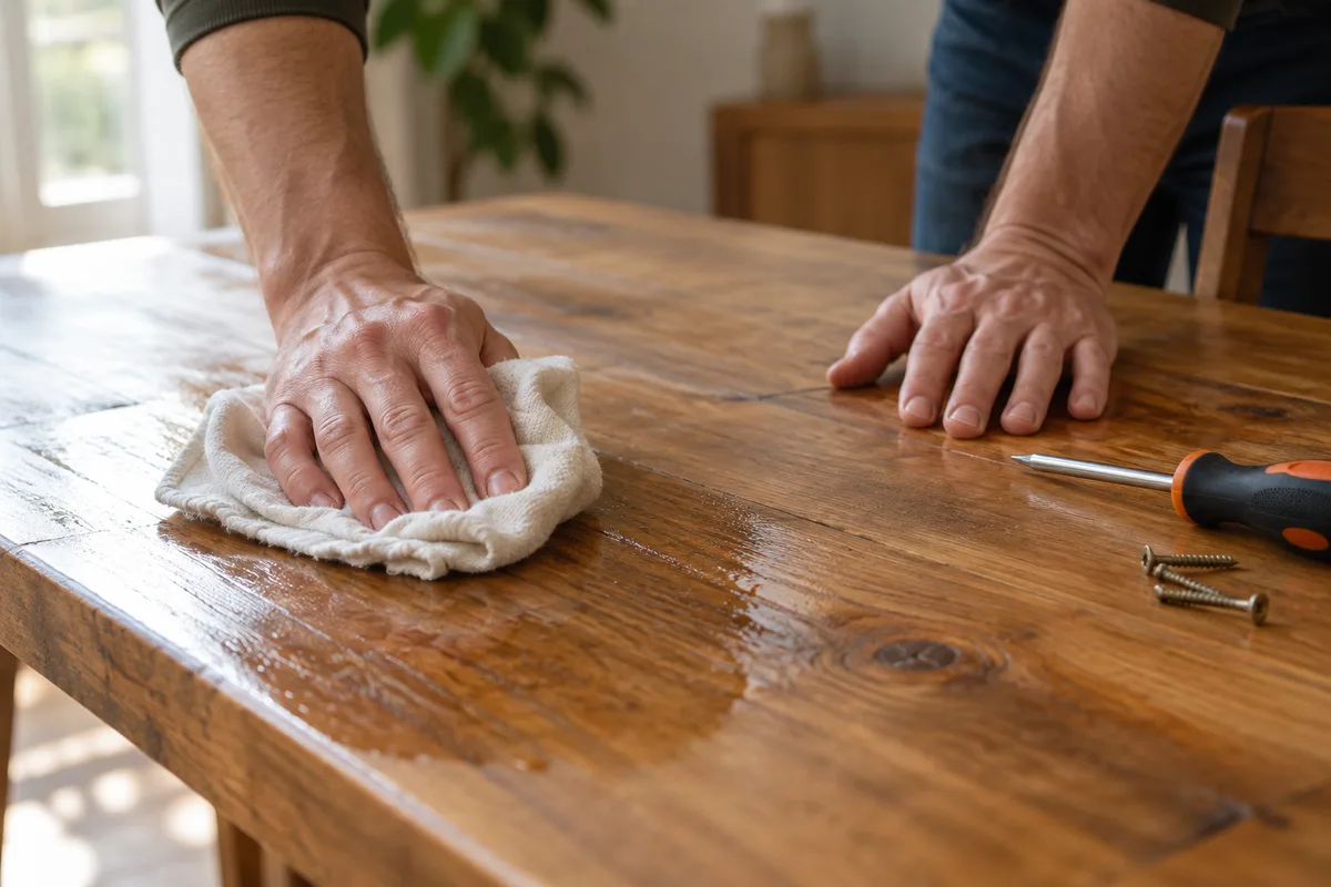 Mains nettoyant le plateau d&rsquo;une table en bois avec un chiffon avant un don de meubles