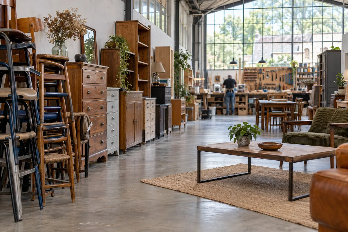 Atelier d&rsquo;une ressourcerie avec meubles en bois triés et rangés en attente de remise en état