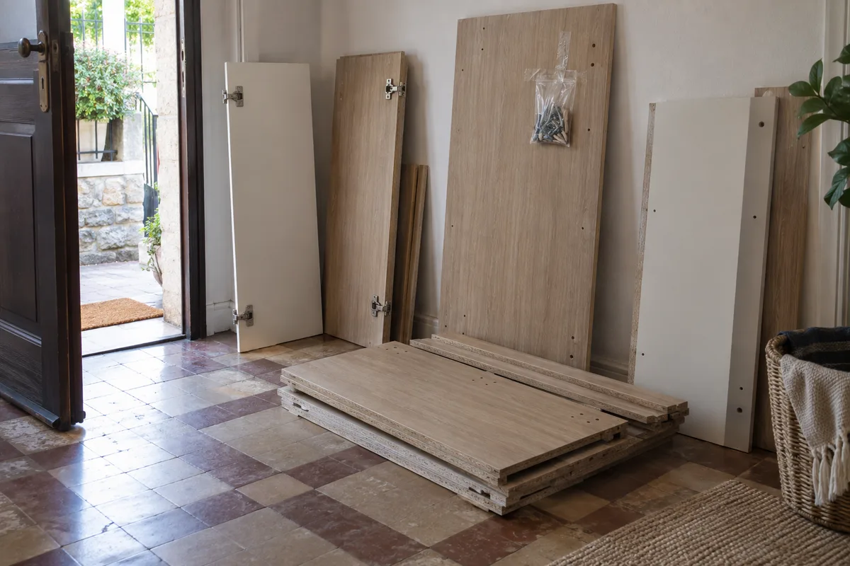 Armoire démontée en panneaux posés à plat contre un mur près d&rsquo;une porte d&rsquo;entrée