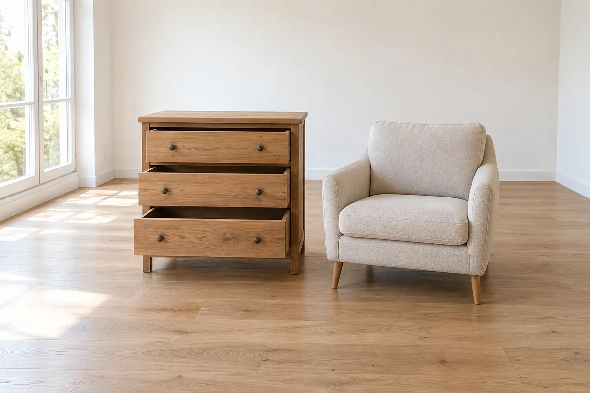 Commode et fauteuil en bois posés dans un salon clair avant un don de meubles