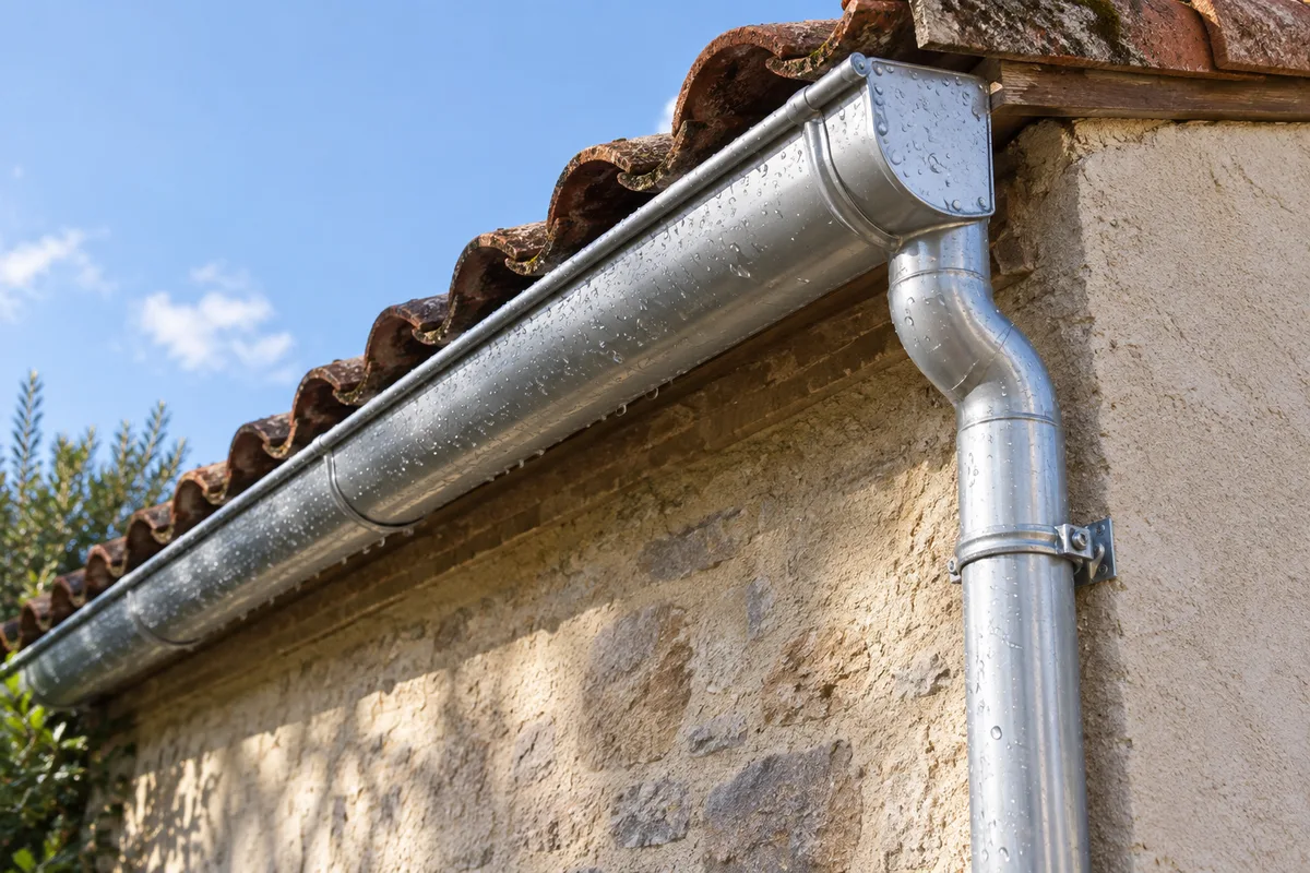 Gouttière en aluminium et descente d’eaux pluviales le long de la façade d’une maison ancienne
