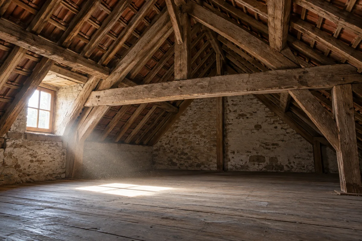 Charpente en bois et combles d’une maison inoccupée éclairés par une lucarne