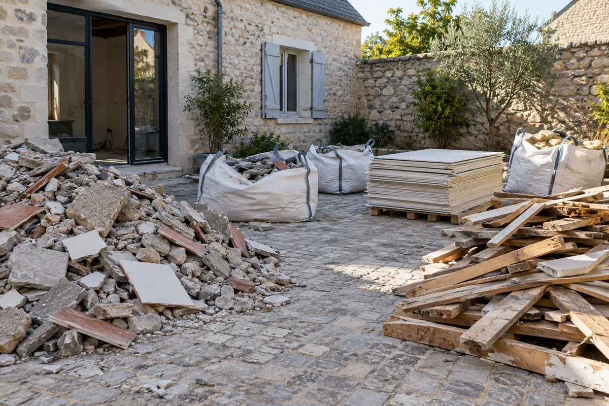 Gravats de chantier triés par matériau dans une cour de maison en rénovation
