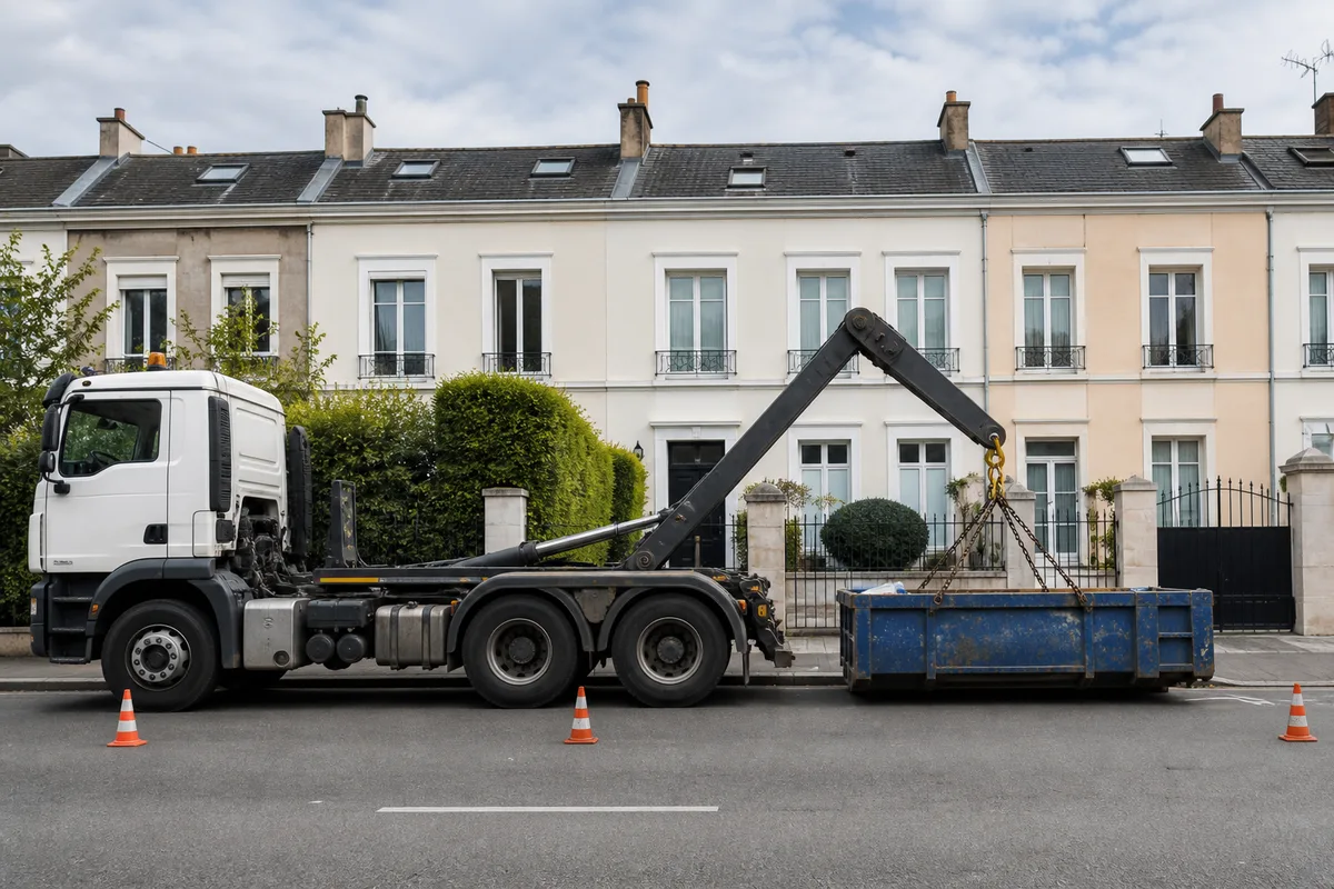 Camion ampliroll déposant une benne métallique devant une maison de ville
