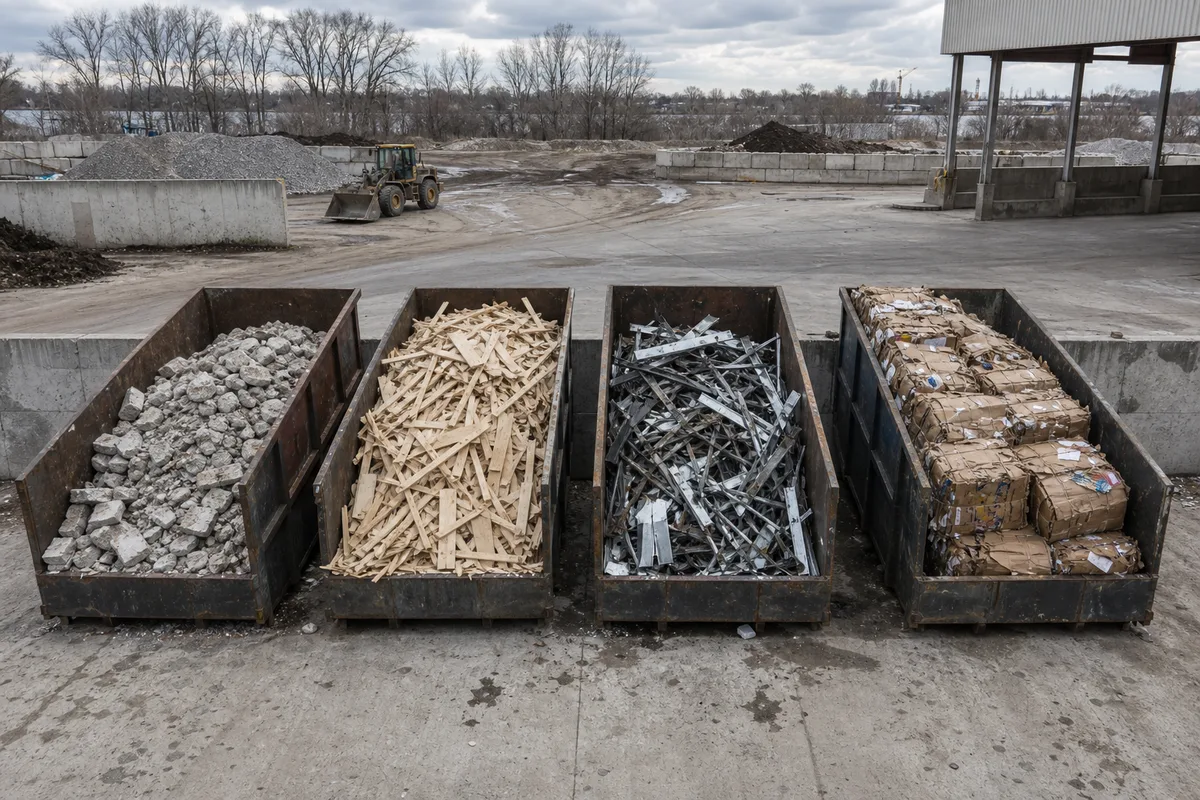 Bennes de chantier triées par catégorie de déchets sur une plateforme de valorisation