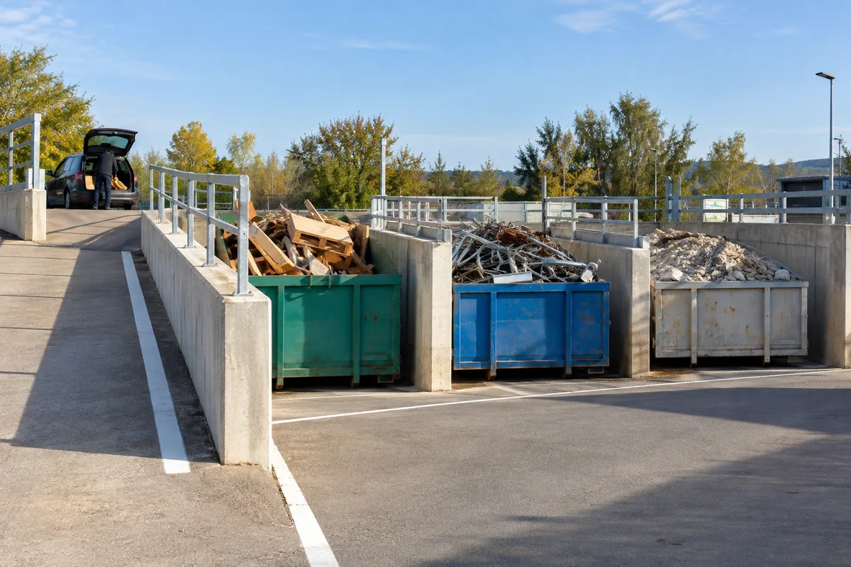 Quai de déchèterie avec rampe d&rsquo;accès et bennes distinctes alignées par matière