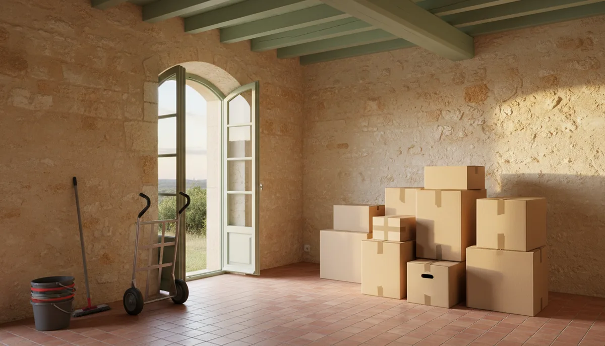Camion de débarras devant une maison dans le Gard, avec des cartons et meubles prêts à être évacués